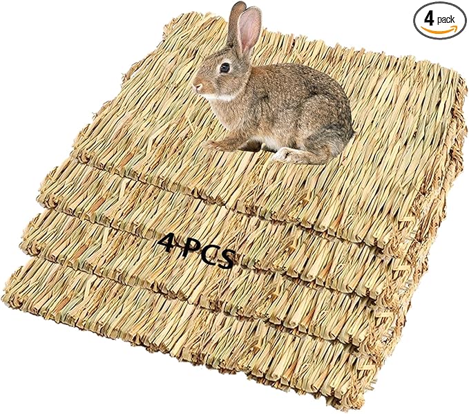 PINVNBY Straw Mats for Rabbits,11.0"x8.3" Natural Bunny Grass Mat,Handwoven Rabbit Hay Mat Small Animal Bedding Chewable & Cooling Mat - Eco-Friendly Cage Liner Nesting Toy(4 PCS)