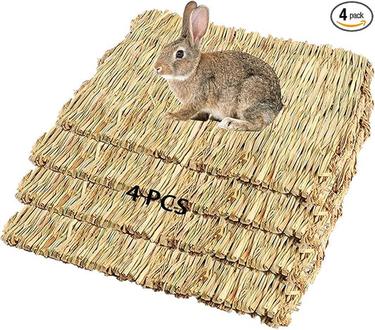 PINVNBY Straw Mats for Rabbits,11.0"x8.3" Natural Bunny Grass Mat,Handwoven Rabbit Hay Mat Small Animal Bedding Chewable & Cooling Mat - Eco-Friendly Cage Liner Nesting Toy(4 PCS)