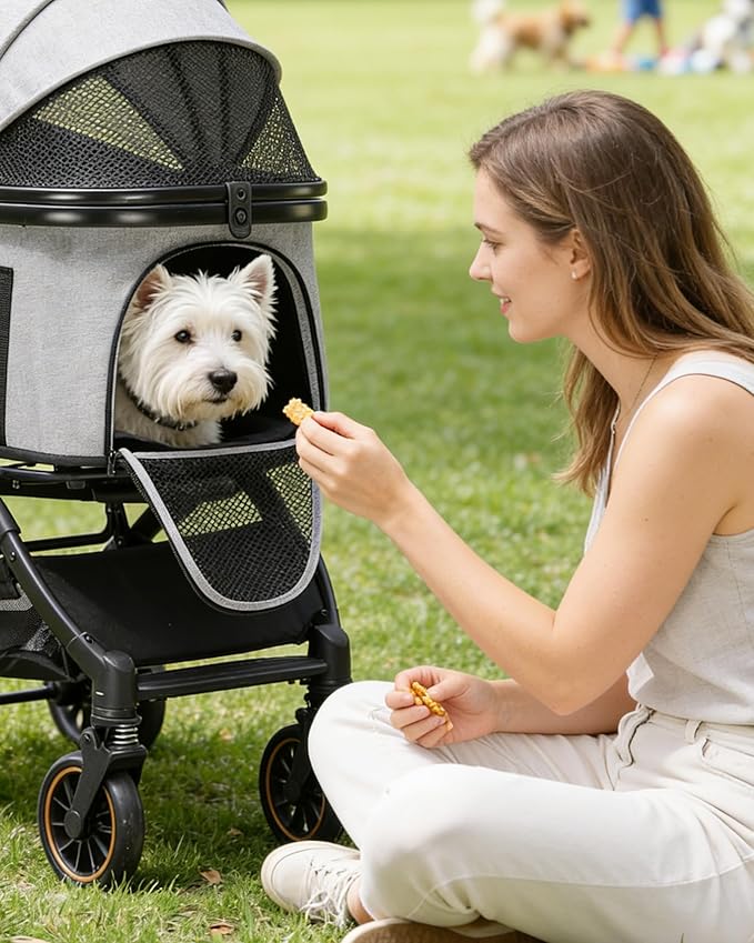 GTPLAYER Pet Stroller for Dogs & Cats, 3-in-1 Foldable Pet Strollers with Detachable Carrier, 360° Swivel Front Wheels & Rear Brakes, Up to 45 lbs, Grey