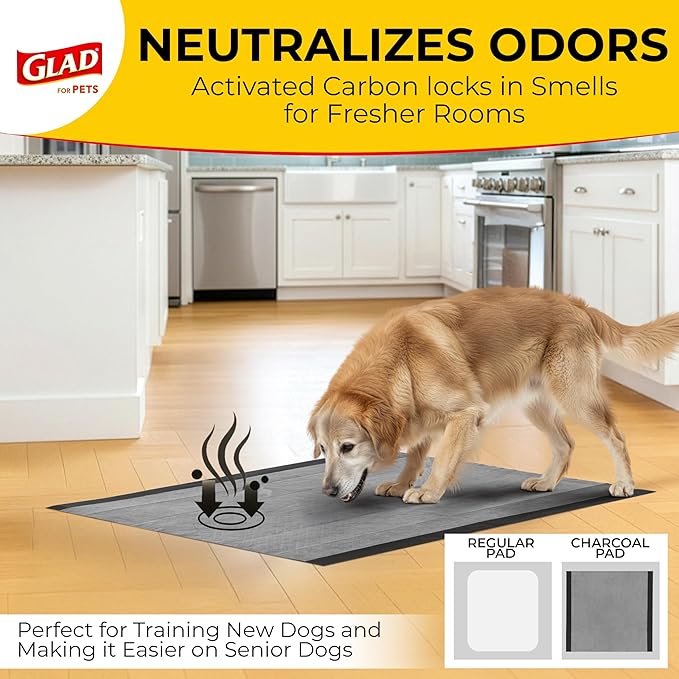 Glad for Pets Extra Large Charcoal Training Pads for Dogs and Puppies, Activated Carbon Odor Control, 6-Layer Absorbent Leak-Proof Pee Pads with Pheromone Attractant, 28 x 30 in, 30 Count - 6 Pack