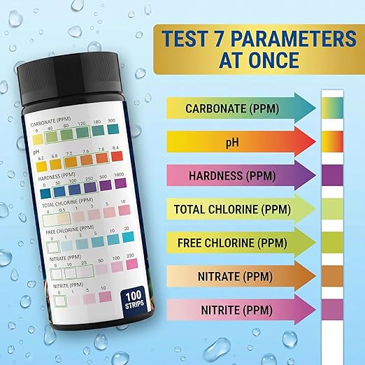 7-in-1 Pond & Fish Tank Test Strips - 100 Count | Fast 30s Water Test Kit for Carbonate, pH, Hardness, Chlorine, Nitrate, Nitrite | Freshwater & Saltwater Aquariums