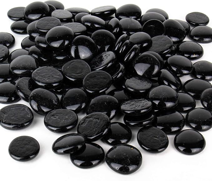CYS EXCEL X-Large 1.1"-1.35" Black Glass Flat Gemstone Vase Fillers (1 LB) Multiple Color Choices Marble Beads Aquarium Rocks Floral Supplies Stones Decorative Mosaic Gem Pebbles (Approx. 28-35 PCS)