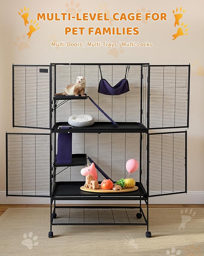 Garvee Metal Small Animal Cage,64 in H Ferret Cage for Small Animals - 4 Tier Large Hamster Cage with Removable Ramp, Hammock, Extra Storage Stand,Removable Tray for Ferret, Chinchilla, Hamster