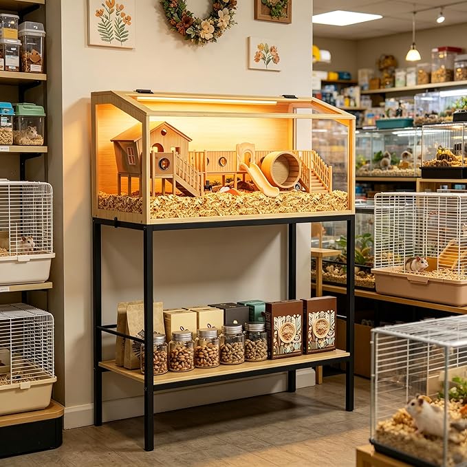 Hamster Cage: Wooden Small Animal Cage with Warm Light and Storage Shelf - 32” Large Clear Hamster House Chewy Proof with Openable Breathable Top