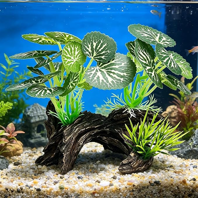 Silk Aquarium Plants with Artificial Driftwood | Soft silk plants with resin driftwood, safe for fish, lifelike, durable, fits small & large tanks, maintenance-free.