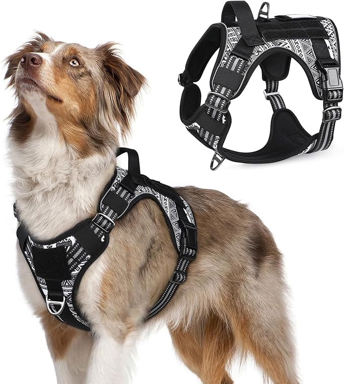 rabbitgoo Tactical Dog Harness for Large Dogs, No Pull Military Service Vest with Handle & Molle, Easy Control for Training Walking, Adjustable Reflective Straps, Black & White Geometric, M