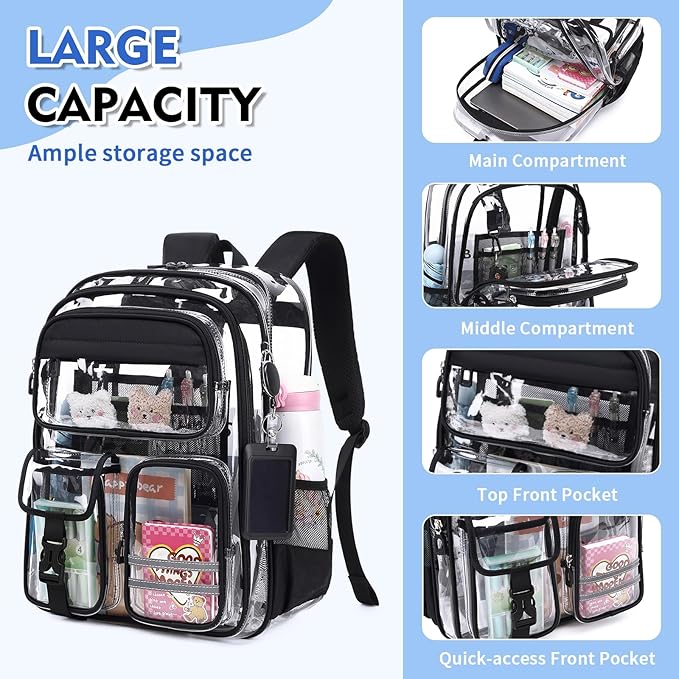 Clear Backpack for School,Transparent Backpack Stadium Events,Heavy Duty Clear Bookbag for Girls,Boys,Work,Sport Black