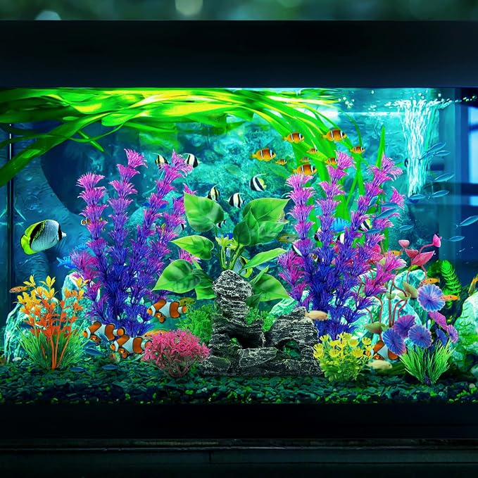 QUOZUO Fish Tank Decor Aquarium Decor, 9pcs Colorful Fish Tank Accessories Artificial Plants and Cave Rock Decor Set, Aquarium Decorations Plastic Plants
