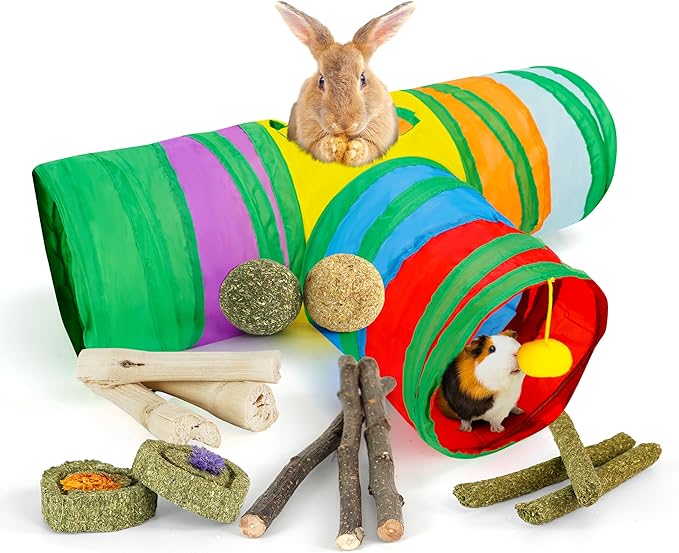 Bunny Tunnels & Tubes Collapsible 3 Way Rabbit Hideout with 13pcs Toys for Bunny Guinea Pig Hamster Chinchilla Hedgehog Rat Ferret Kitten (Colorful)