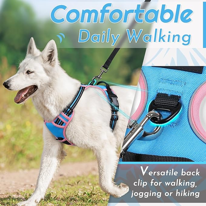 Eagloo Dog Harness for Large Dogs, No Pull Service Vest with Reflective Strips and Control Handle, Adjustable and Comfortable for Walking, No Choke Pet Harness with 2 Metal Rings, Pink & Blue, L