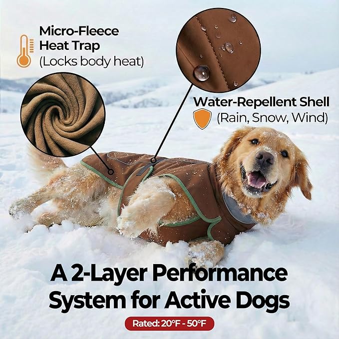 Softshell Dog Winter Vest, Fleece Lined Water-Repellent Jacket with Fur-Safe Buckle (No Hook & Loop) for Hiking, Adjustable Reflective Winter Coat for Active Dogs (Brown, X-Small)
