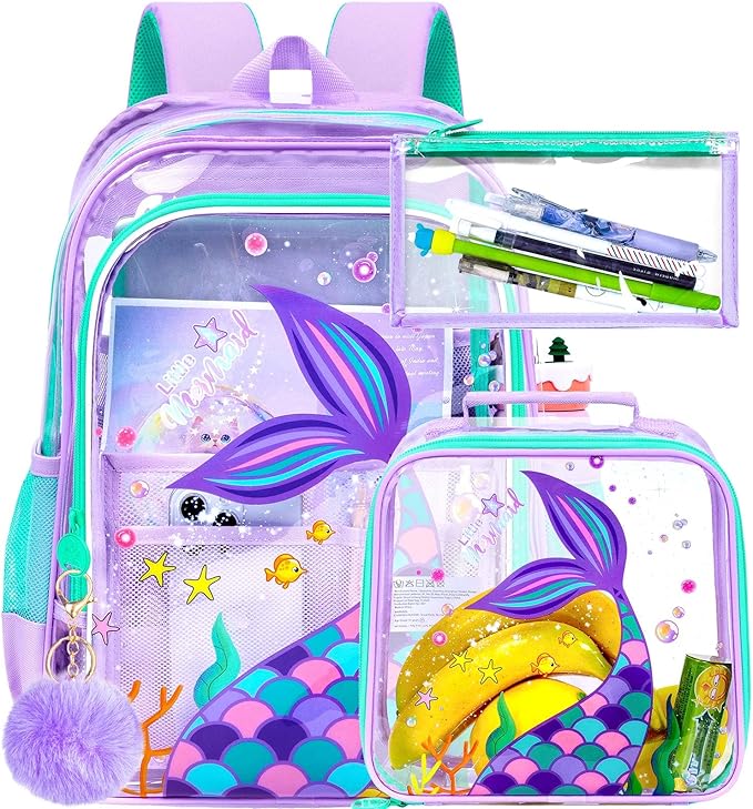 Clear Backpack for Girls and Boys, Kids Transparent Bookbag, 3PCS Cute See Through School Bag for Elementary Prechool