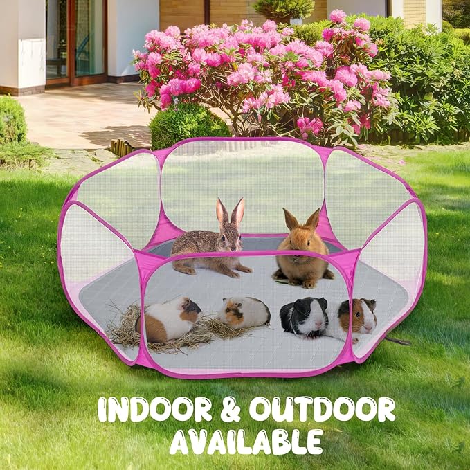 Pawaboo Small Animals Playpen with Pad, Waterproof Small Pet Cage Tent with Reusable Pad, Portable Outdoor Yard Fence for Chick/Kitten/Puppy/Guinea Pig/Rabbits/Chinchillas, Pink + Gray