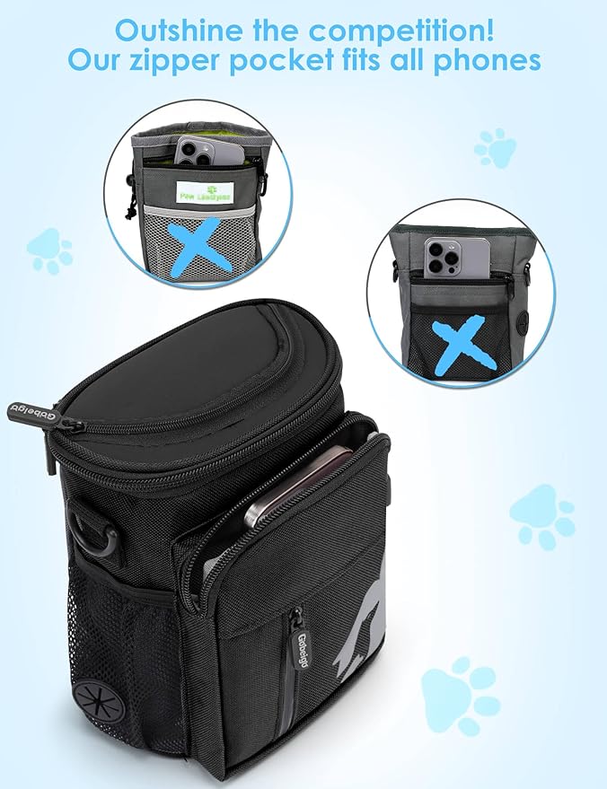 Gobeigo 8 Cup Dog Treat Pouch and Training Clicker, Dog Walking Bag with Phone Holder, Built-in Poop Bag Dispenser, 3 Ways Wearable Pet Fanny Pack for Outdoor Travel (Full Black)