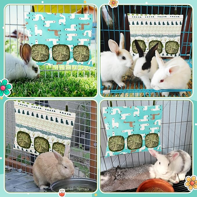UPINS 2 Hay Bag for Rabbits 3-Hole Guinea Pig Hay Bags Hanging Hay Feeder, Hay Feeder for Rabbits Small Pets Chinchillas Hamstersand Animals