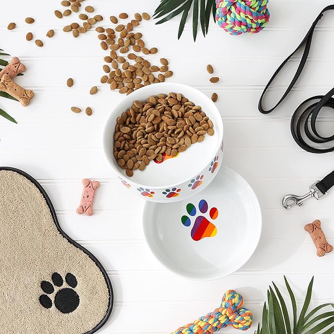 Bone Dry Ceramic Food Bowls, Non-Slip & Dishwasher Safe, Large Set, 7.5x2.4, Rainbow Paw, 2 Count