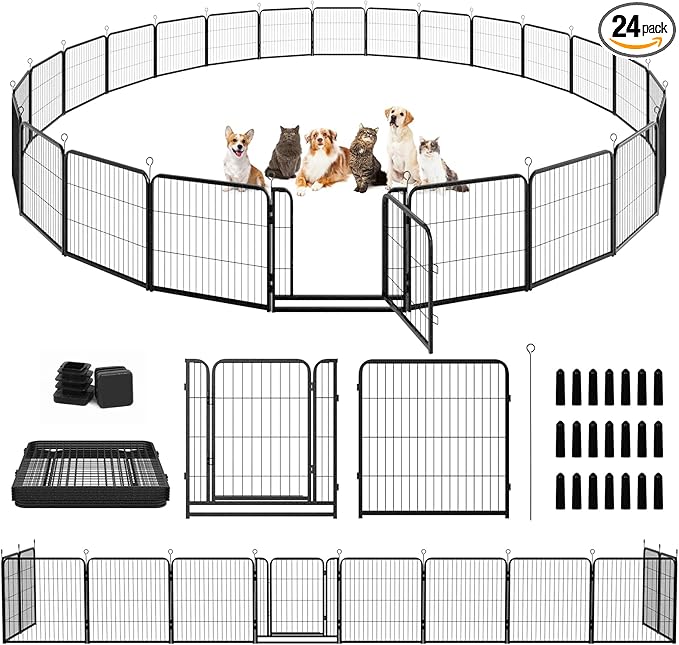Kfvigoho Dog Playpen Outdoor Extra Wide 24 Panels Heavy Duty Dog Fence 32" Height Anti-Rust with Doors Portable for RV Camping Yard, Total 63FT, 316 Sq.ft, Snowy Black