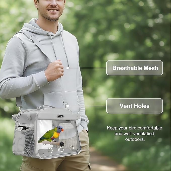 Small Bird Carrier Travel Cage, Portable Bird Cages Bag with Standing Perches for Parrots, Breathable Birds Backpack with Transparent Window for Parakeet Cockatiel Budgies, Grey