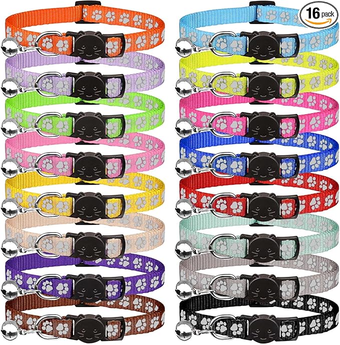 16 PCS Breakaway Cat Collars with Bells Reflective Cat Collar Safety Nylon Kitten Collars Cat Collars for Girl Boy Cats(6"-9")