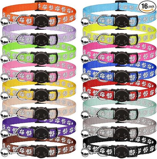 16 PCS Breakaway Cat Collars with Bells Reflective Cat Collar Safety Nylon Kitten Collars Cat Collars for Girl Boy Cats(6"-9")