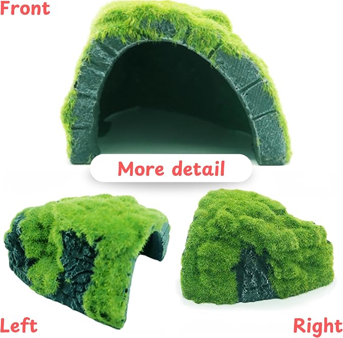 Axolotl Hides for Aquarium with Feeding Dish and Fake Plants Set, Axolotl Cave with Green Plants, Aquarium Decor, Fish Tank Decorations, Turtle Tank Accessories (Cave+Plant+Feeding Dish, L)