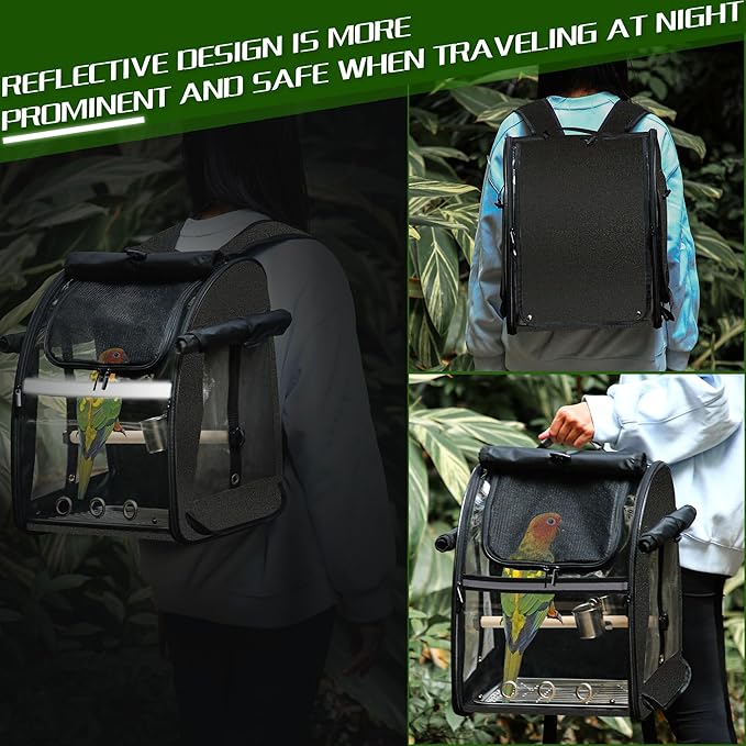 Bird Carrier Bag with Indestructible Stainless Steel Mesh, Bird Travel Cage with Stand, Easy to Clean Backpack for Parrot, Portable Bird Travel Bag, Black