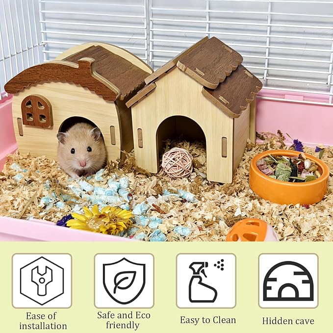 2PCS Hamster Hideout Hamster Wood House Maze Platform Detachable Cage Accessories for Dwarf Hamster Rat Gerbil Sugar Glider