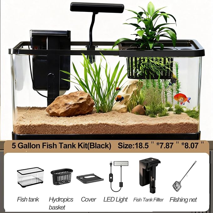 5 Gallon Fish Tank, Aquarium Plastic Starter Kit with Filter, Small Net and LED Light, Fish Tank for Betta, Plastic Nano Aquarium with Lid(18.5 * 7.87 * 8.07 inch/Black) (5 Gallon Fish Tank)