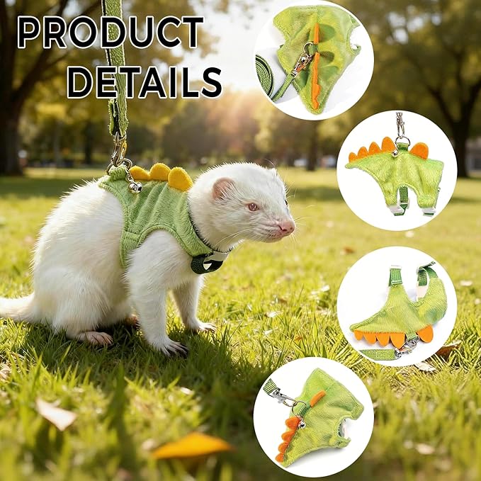 Harness and Leash Set for Small Pets, Dinosaur Shaped Vest Harness, Adjustable Soft Plush Vest with Bell for Guinea Pigs, Ferrets, Hamsters, Hedgehogs - Safe Outdoor Walking Adventure Gear,Blue