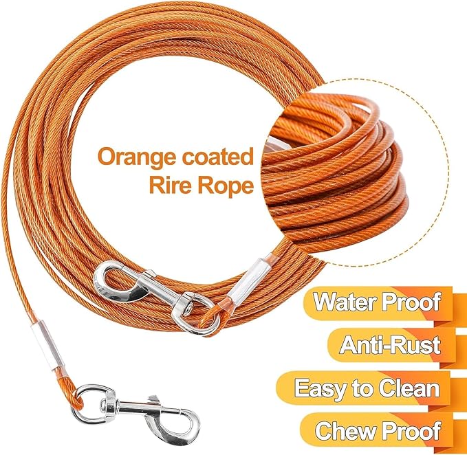 Tie Out Cable for Dogs,10/20/30/50/100FT Dog Leads for Yard Chew Proof,Heavy Duty Tie Out Cable for Large Dogs Up to 125lbs,Dog Runner Tether (Orange, 125Ibs 10ft)
