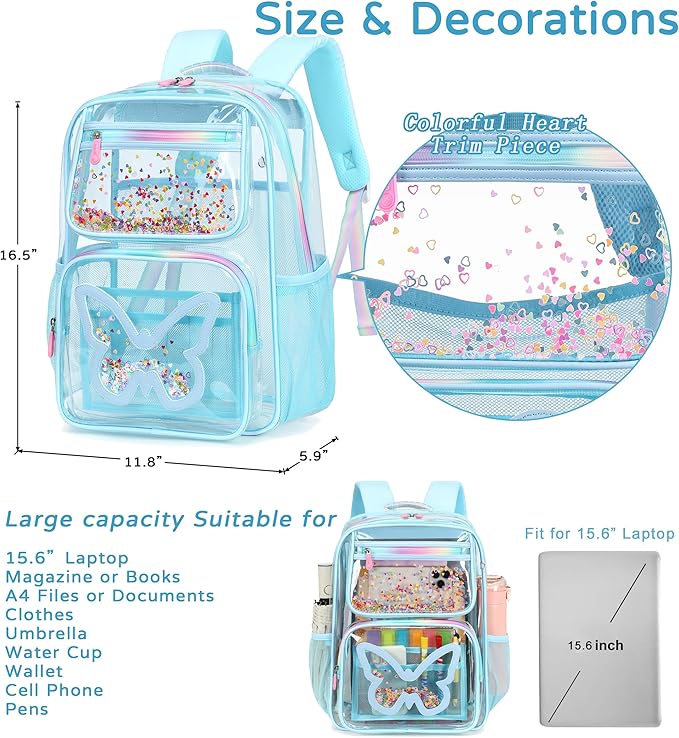 Clear Backpack for School,Large Bookbag Heavy Duty See Through Butterfly Backpacks for Girls Stadium Approved Daypack Transparent Shoulder Bags for Students,Teens,Women,Work,Travel,Concert Blue