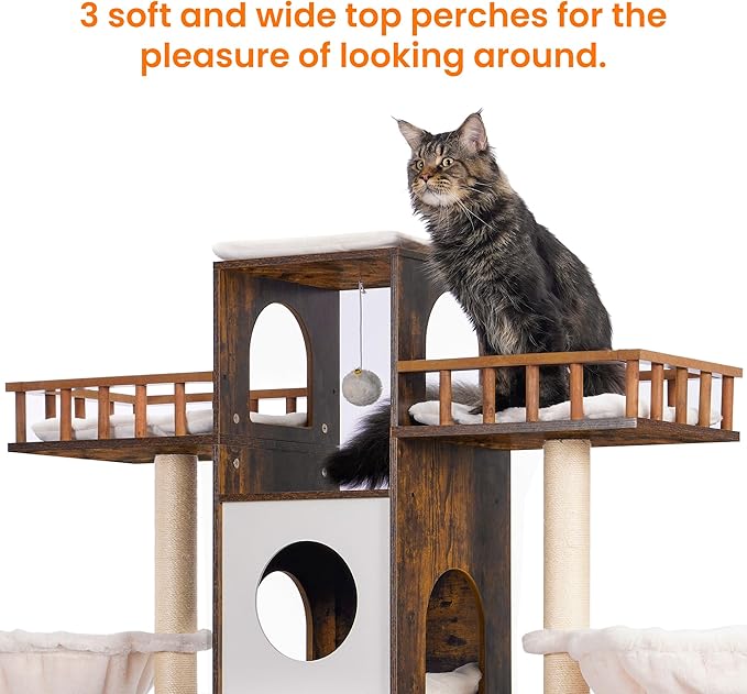 Heybly Cat Tree with Litter Box Enclosure for Indoor Big Cat, Cat Tower for Large Cats 20lbs Heavy Duty, Modern Cat Condo Furniture with Scratching Posts, Rustic Brown HCT110SR