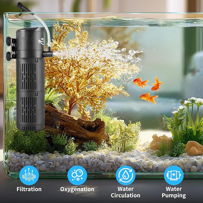 Aquarium Filter, Fish Tank Filter 4-in-1 for 10-30 Gallon Tanks, Submersible Internal Filter with Wave-Maker, Oxygenation & Adjustable Air Flow for Freshwater/Saltwater/Turtle Tanks (8W)