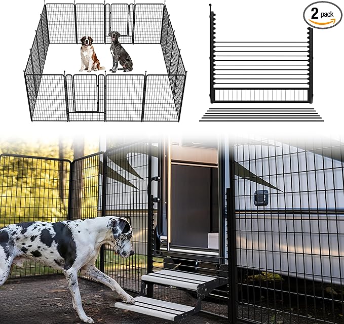 FXW Rollick Unleashed Dog Playpen for Indoor, Yard, RV Camping, 50 inch 16 Panels Dog Pen with RV Step Grid for Large Dogs, Black│Patented