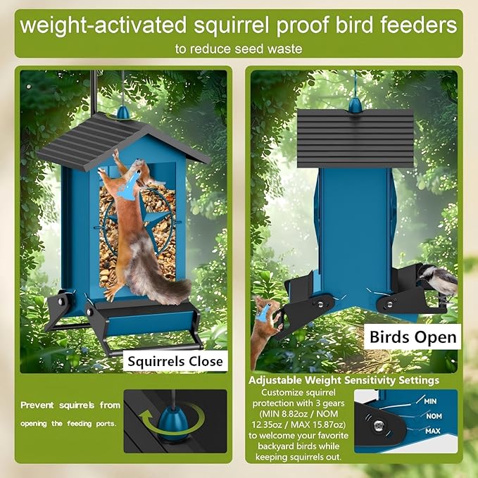 Squirrel Proof Bird Feeders for Outdoors with Weight-Activated, Metal 5LB Large Wild Bird Feeders for Cardinals,Blue Jay,Finch, Weatherproof Durable Hanging Bird Feeder for Backyard,Garden (Blue)