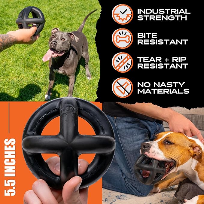 Monster K9 Ultra Durable Dog Ball - Lifetime Guaranteed - Tough, Heavy Duty Dog Toy for Aggressive Chewers - Safe Non-Toxic Natural Rubber - Chew, Tug & Fetch - Med/Large Breed, 5.5”
