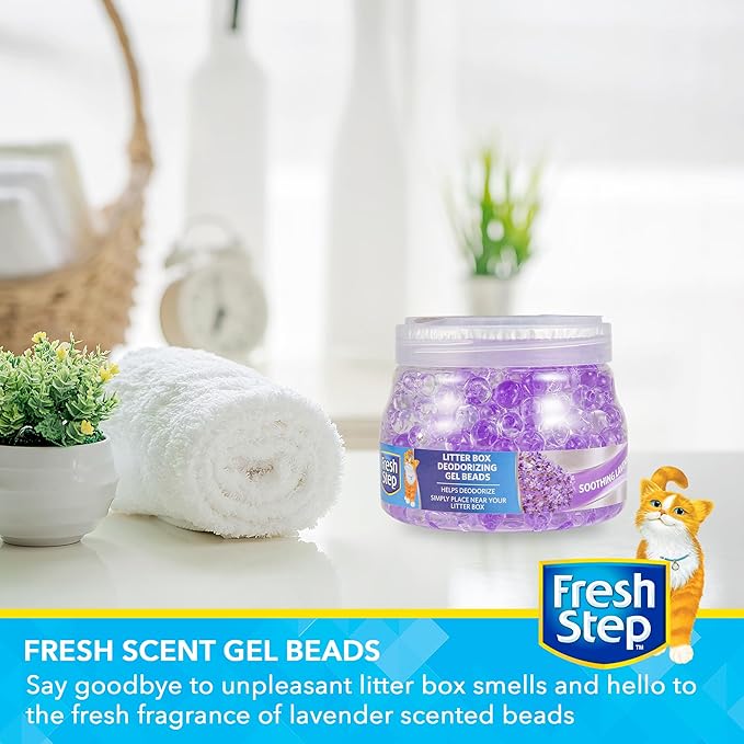 Fresh Step Litter Box Deodorizing Gel Beads, Soothing Lavender Scent, Neutralizes Pet Odors Around the Litter Box, Vented Lid for Continuous Fragrance Release, 12 Oz