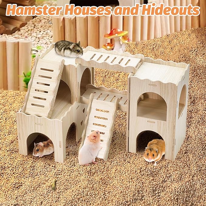 BNOSDM Large 6-in-1 Hamster Playground, Multi-Level Wooden Hamster Houses and Hideouts with Double Slides, Hide Hut for Multiple Dwarf Hamsters, Syrian, Gerbils