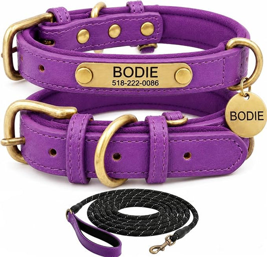 Leather Dog Collar Personalised and Leash Set, Personalized with Soft Padded Design Heavy Duty Featuring Custom Engraved Name Plate for Small Medium and Large Dogs