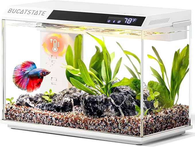 BUCATSTATE 2.6 Gallon Small Fish Tank, 3 Stage Filtration Aquarium (White) | Independent Waste Compartment Aquarium, Quiet 3 in 1 Pump, Real-Time Temp Display, 8-Mode LED Light, Multi Safety Protection