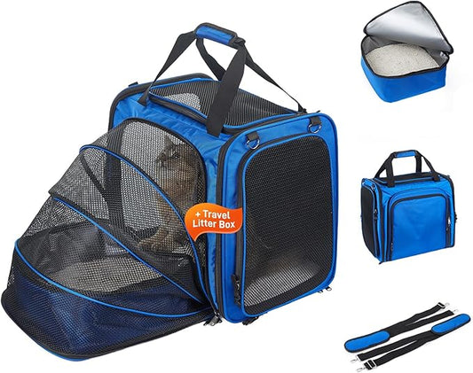 Expandable Cat Carrier with Litter Box, Extra Large Cat Carrier for Car Travel, 17.3"x16.2"x13" Portable Soft-Sided Pet Carrier, Long Road Trip Cage for Large/Medium Cats up to 30 lbs