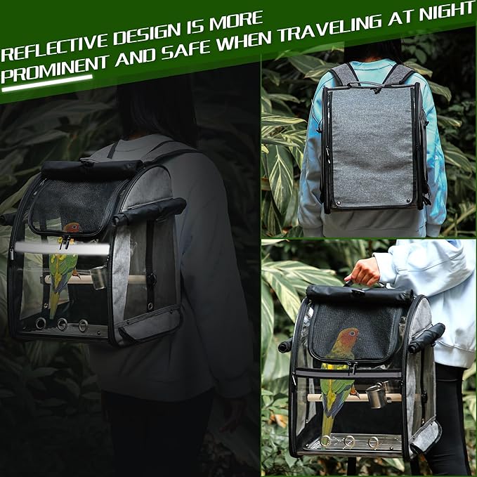 Bird Carrier Bag with Indestructible Stainless Steel Mesh, Bird Travel Cage with Stand, Easy to Clean Backpack for Parrot, Portable Bird Travel Bag, Grey