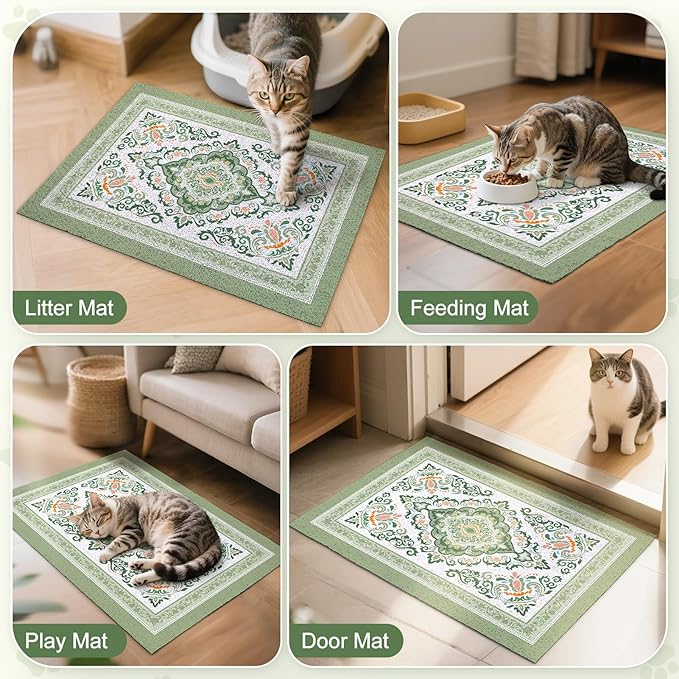 Unicorn Catcher Cat Litter Mat 24" x 15" Non-Slip Litter Box Mat Washable Litter Catcher Mat for Litter Box Indoor Food Mat Supplies Essentials, DarkSeaGreen