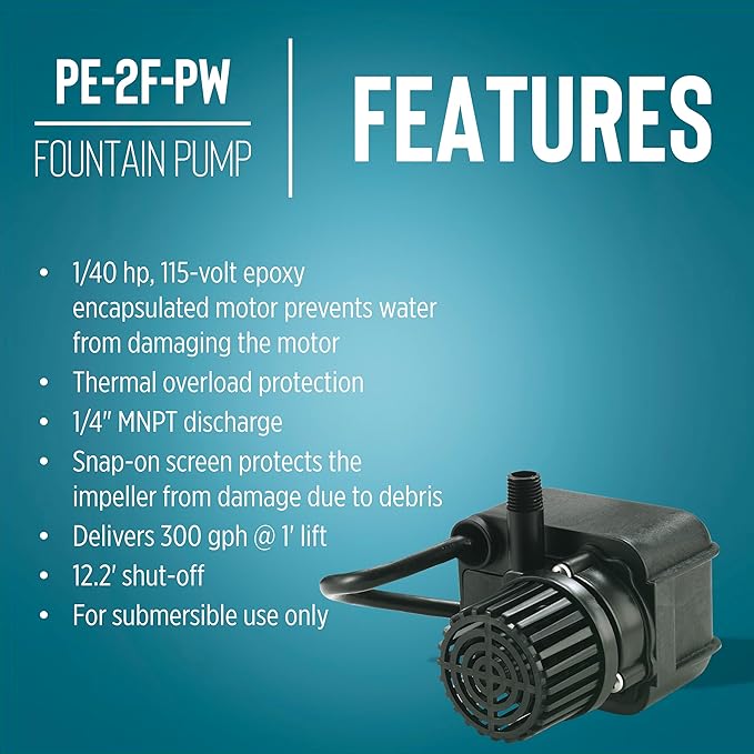 Little Giant PE-2F-PW 115 Volt, 1/40 HP, 300 GPH Submersible Direct Drive Pump for Small Ponds or Fountains with 15-Ft. Cord, Black, 566611