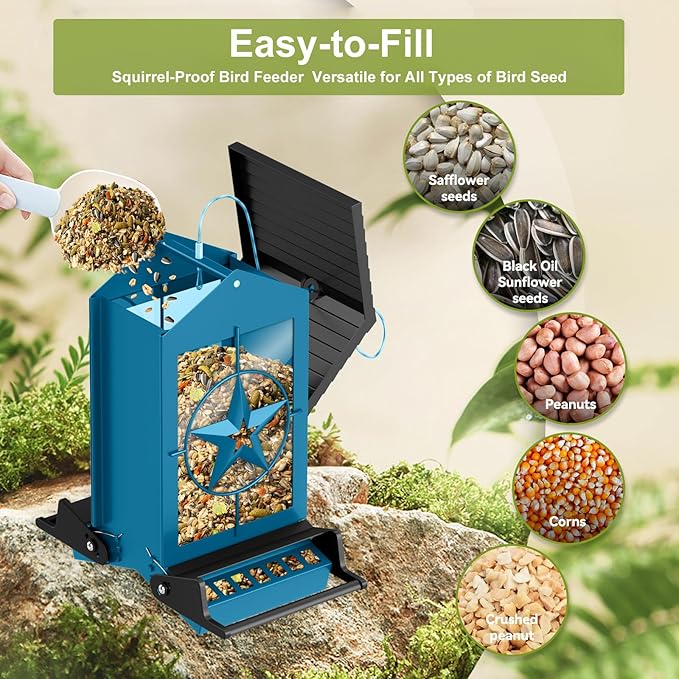 Squirrel Proof Bird Feeders for Outdoors with Weight-Activated, Metal 5LB Large Wild Bird Feeders for Cardinals,Blue Jay,Finch, Weatherproof Durable Hanging Bird Feeder for Backyard,Garden (Blue)