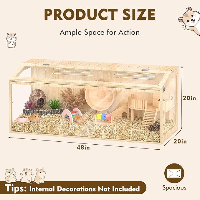XiaZ Hamster Cage Chewproof,48 Inch Large Hamster Tank with Panoramic View and Ventilated Top,Durable Plywood Solid Wood Frame,Spacious Acrylic Glass Habitat for Syrian Dwarf Hamsters and Degus