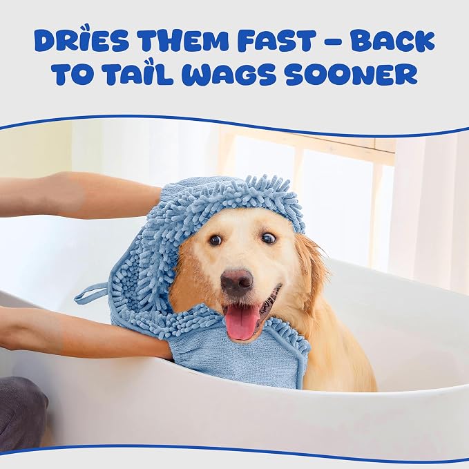 Microfiber Dog Towel, Blue | Fast Drying, Super Absorbent, Hand Pockets, For Large & Small Dogs, Soft Durable