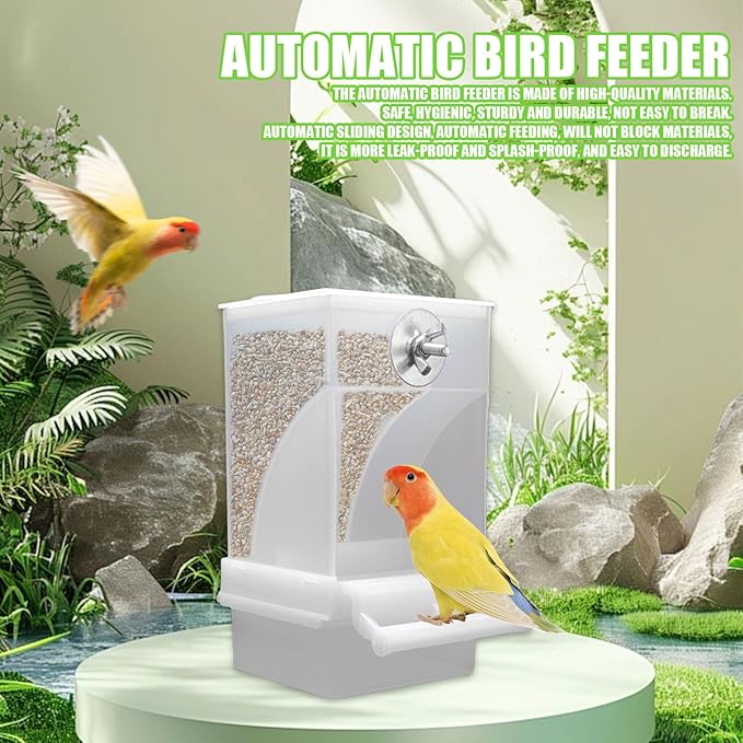 No Mess Automatic Bird Feeder, Acrylic Transparent Parrot Feeder Cage Accessories, Parrot Seed Food Feeder Container Cage Accessories for Small Medium Birds Parakeets Lovebirds (Semi Transparent)