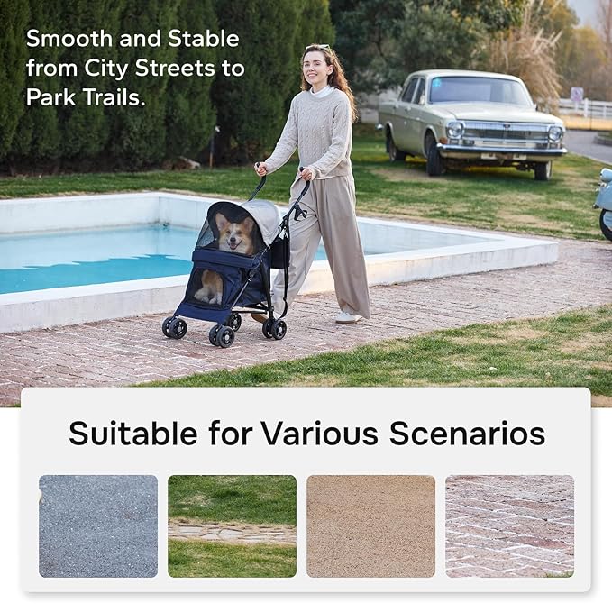 Lightweight 10 lbs Foldable Pet Stroller for Small Dogs & Cats, Easy-Fold Compact, with Adjustable Sun Canopy, Cup Holder, Breathable Mesh, Pad & Storage Bag, Holds 33 lbs, Blue Gray