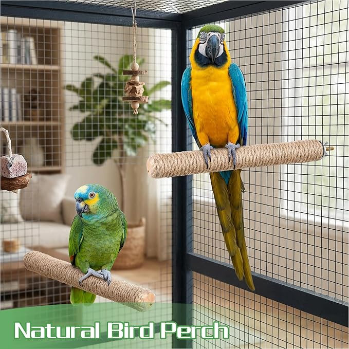 2 PCS Bird Toys for Parakeets Bird Perches Natural Bird-Perches with Rope Wood Parrot Perch Stand Rope Perches for Bird-Cages Accessories for Parakeet Cockatiel Budgie Conures Lovebirds
